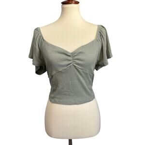 AE Sage Green Ribbed Ruched Cinch Front Crop Top Y2K Cottagecore Coquette,Size L
